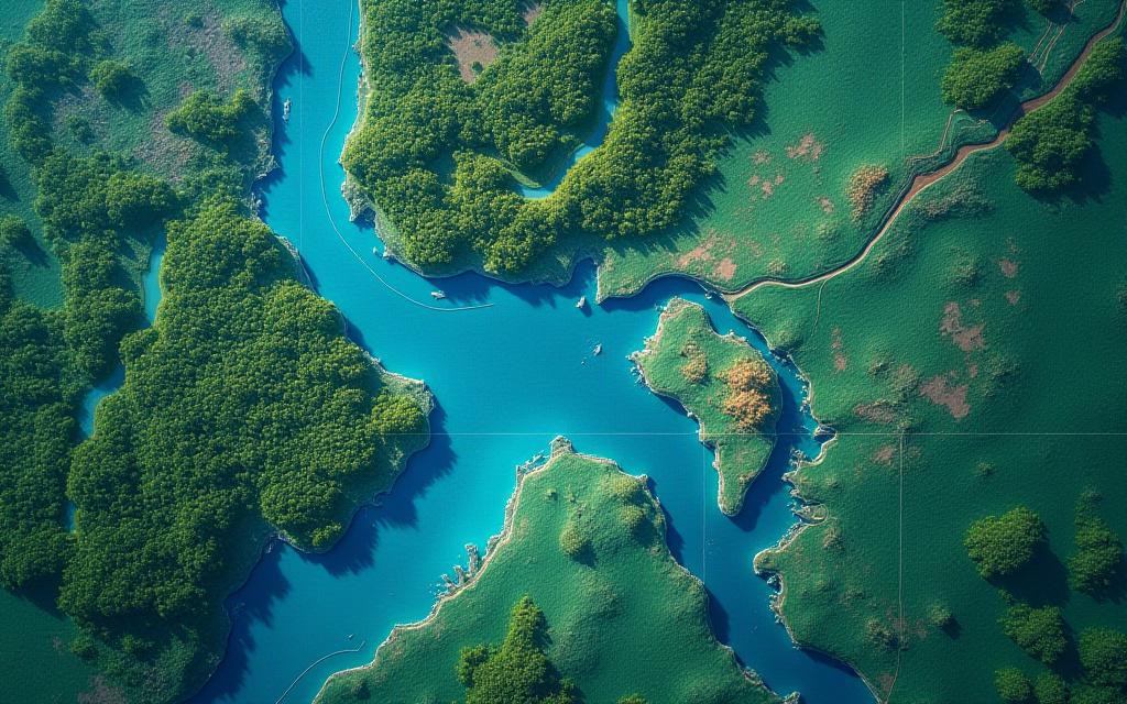 An aerial view of the Fraser River floodplain with digital mapping overlays.